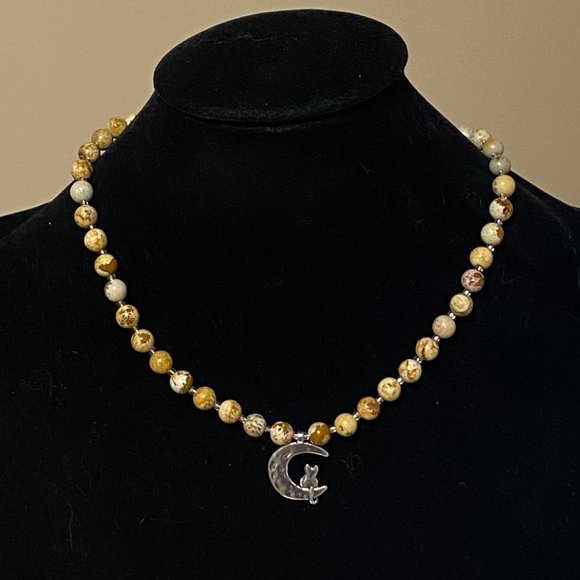 Jasper Stone Silver Cat on the Moon Necklace, Genuine Gemstone Beaded Necklace - Picture 2 of 8